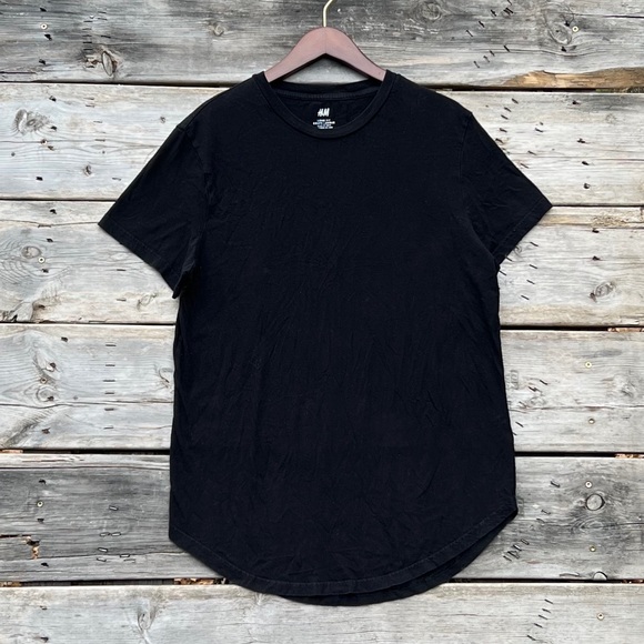 H&M Long Fit Black Cotton Scoop Neck Tee Size Medium Tall - Picture 1 of 2